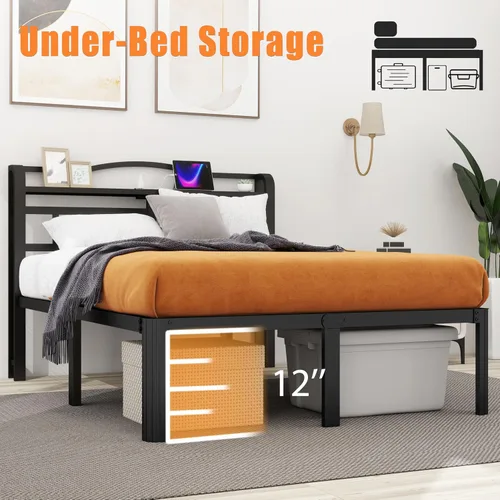 Vista 10 de Base de cama Queen con estación de carga y cabecero de 14 pulgadas, base de cama de metal grueso, base de colchón resistente, no necesita somier