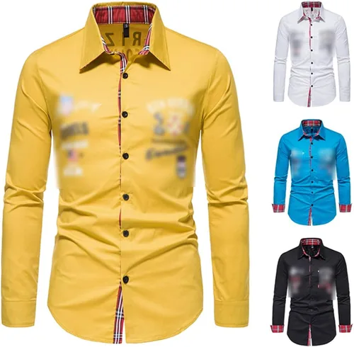 Vista 3 de Camisa vintage para hombre, estilo militar, amarilla, con letra y letra