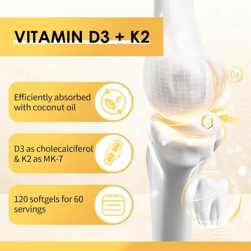 Vista 3 de Suplemento de Vitamina D3 K2 con Vitamina D3 5000 UI, 200 mcg de Vitamina K2 MK-7 y Aceite de Coco Natural, Fórmula 2-1 a Base de Plantas