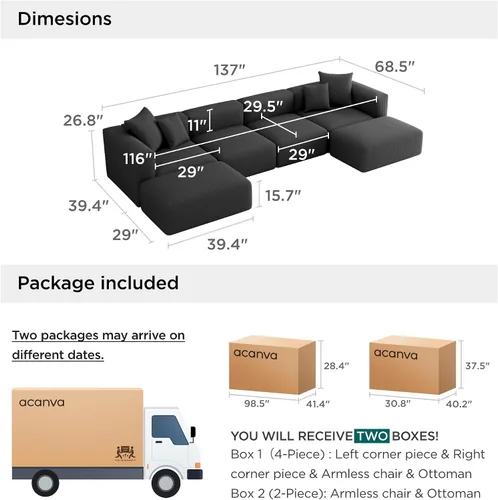 Vista 2 de Acanva - Sofá modular convertible con otomana, en forma de U, color negro Sofá de pana, marco de madera, combinación libre, sofá cama, para sala