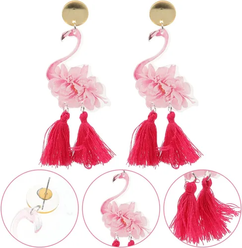 Vista 2 de Holibanna 1 par de aretes de flamenco Luau Party Pendientes de flamenco Pendientes de gota de flamenco Aretes de pájaro flamenco para mujer, aretes