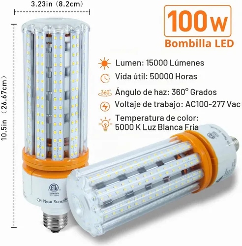 Vista 2 de Bombilla LED tipo mazorca equivalente a 1000 vatios, bombillas LED tipo mazorca de 15000 lúmenes, 5000 K, luz blanca diurna, base E26/E39 media
