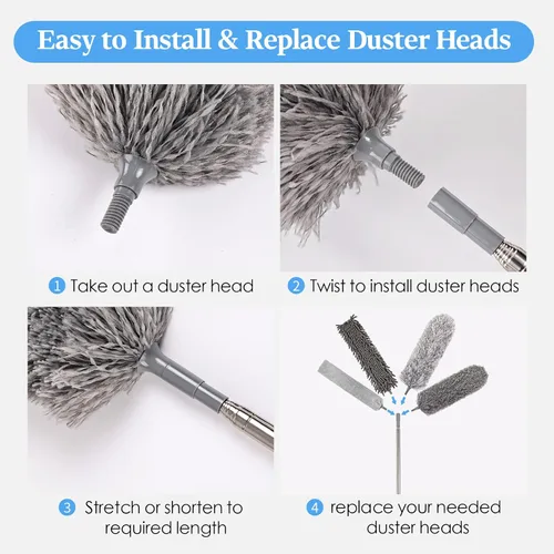 Vista 7 de Kit de plumero de microfibra con poste de extensión, 7 piezas lavables y reutilizables para limpieza, plumero largo extensible de 100 pulgadas