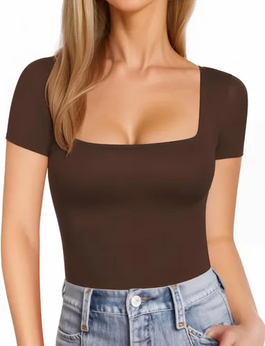 Vista 25 de MANGOPOP - Camisetas ajustadas de manga corta y manga larga con cuello cuadrado para mujer A01 Manga Corta Negro