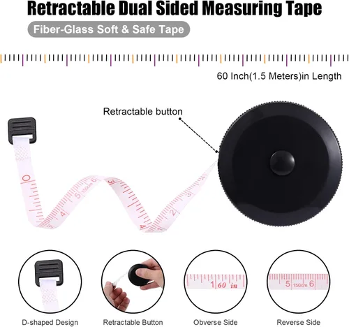 Vista 3 de Cinta métrica métrica para el cuerpo, cinta métrica suave retráctil de 60 pulgadas, pequeña regla de cinta de tela de costura para cintura de tela