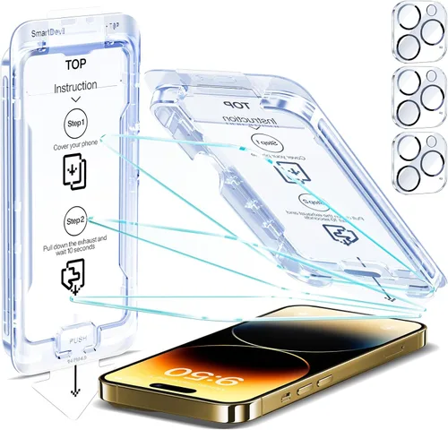 Vista 8 de SMARTDEVIL Paquete de 3 protectores de pantalla para iPhone 14 Pro Max con 3 protectores de lente de cámara, película de vidrio templado