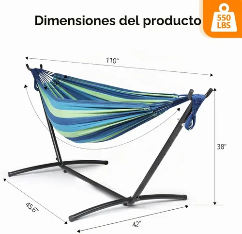 Vista 2 de ONCLOUD Hamaca doble resistente de 550 libras con soporte incluido con bolsa de transporte portátil, hamaca mejorada para 2 personas con marco