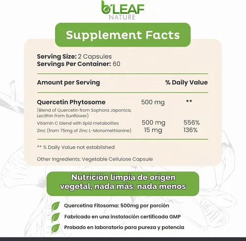 Vista 2 de B'LEAF NATURE Fitosoma de quercetina, 120 cápsulas – 1000 mg de quercetina de alta absorción con vitamina C y zinc – Suplemento de quercetina