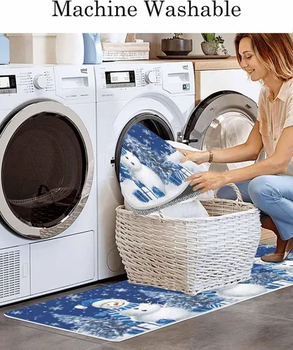 Vista 8 de Prime Leader Juego de 2 tapetes de cocina con diseño de muñeco de nieve de Navidad, copos de nieve, azul marino, antideslizantes, tapetes lavables