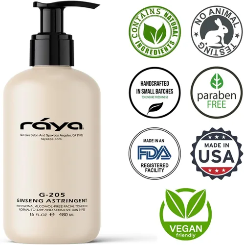 Vista 5 de RAYA Ginseng Astringent con AHA 16 oz (G-205) Tónico facial glicólico suave para piel seca y sensible Ayuda a apretar los poros, suavizar la tez