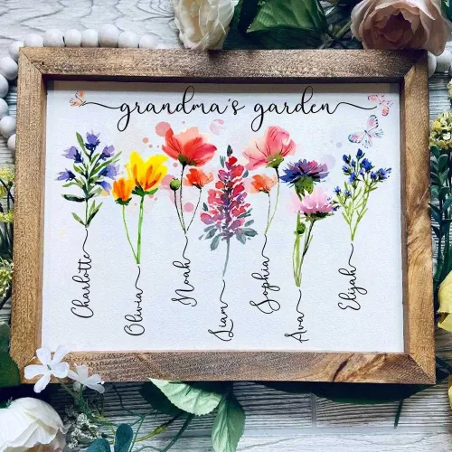 Vista 3 de Nazenti Letrero personalizado con marco de jardín de la abuela con nombres de nietos y flor de nacimiento para regalo del día de la madre, regalos