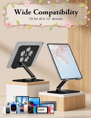 Vista 6 de Soporte para Tablet para iPad, Soporte Plegable de Aluminio Giratorio 360° – Soporte de Escritorio Ajustable Compatible con iPad Pro 12.9/11