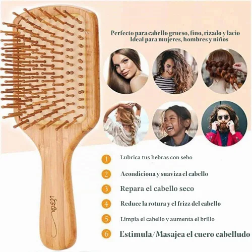 Vista 5 de Cepillo y peines de bambú para cabello largo, grueso, rizado, ondulado, seco o dañado, reduce la rotura, el encrespamiento y los enredos