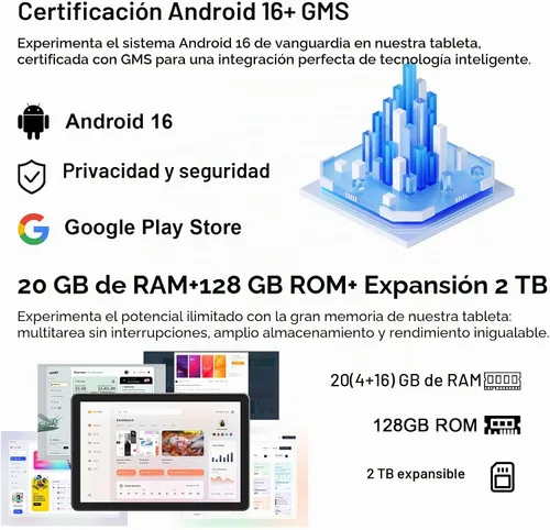Vista 5 de CUPEISI Tablet Android 16 de 10 pulgadas, 20 GB de RAM+128 GB de ROM/2 TB expandible, procesador octa-core de 2.0 GHz, pantalla HD de 1280 x 800