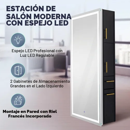 Vista 3 de Pibbs 9110 Lumina LED Salon Mirror Storage Server Gold Handle Negro