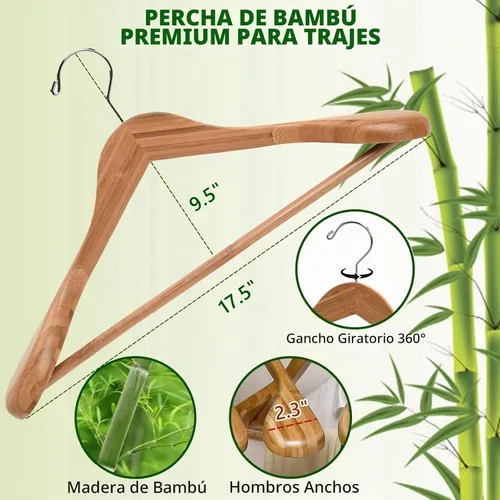 Vista 2 de Amber Home Paquete de 6 Perchas de Traje de Madera de Bambú Natural de Hombros Anchos, Perchas de Ropa de Bambú con Barra para Pantalones, Perchas