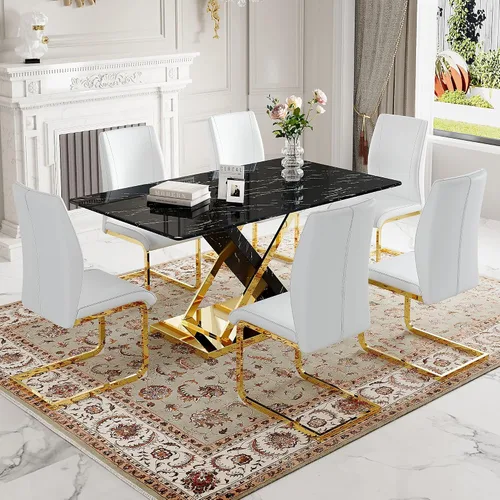 Vista 10 de Juego de mesa de comedor de mármol para mesa rectangular blanca de 6.63 pulgadas con marco de metal plateado en forma de X y 6 sillas de comedor