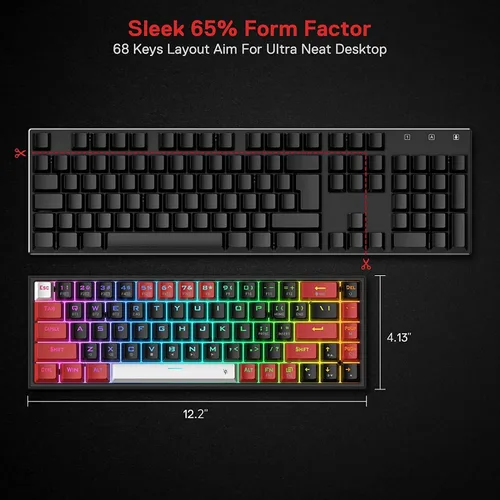 Vista 3 de Redragon K631 PRO - Teclado mecánico compacto con 3 modos RGB inalámbrico para juegos 68 teclas intercambiables en caliente con enchufe PCB