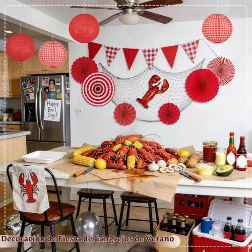 Vista 7 de Decoraciones de fiesta de cuadros rojos, 15 linternas de papel colgantes