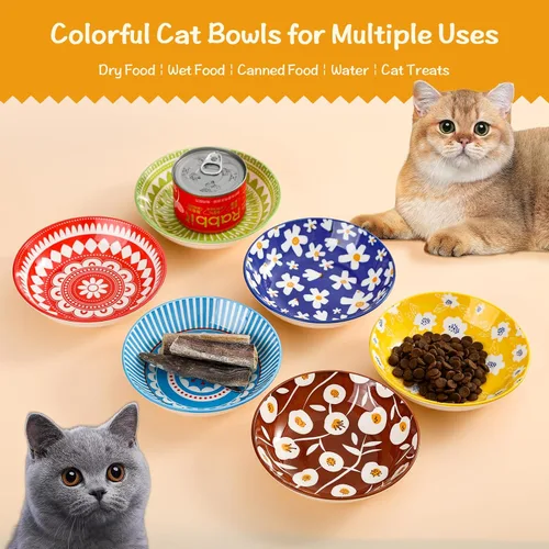 Vista 3 de Fairy Tales - Juego de 6 cuencos de cerámica coloridos para gatos, platos de alimentación con alfombrilla antideslizante, plato ancho poco profundo