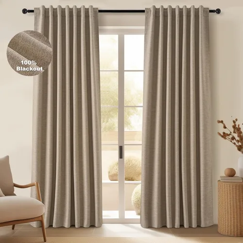 Vista 8 de Topfinel Cortinas opacas, blanco beige, 2 paneles, ventanas pequeñas, textura, mezcla de lino, bohemia, abedul, rural, gancho, bolsillo trasero