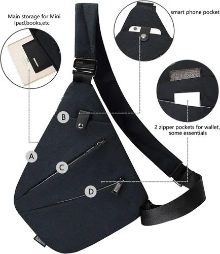 Vista 3 de Bolso bandolera con hombros en el pecho, bolsas cruzadas para hombres y niños, viajes al aire libre (negro)