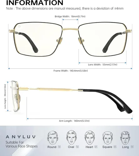 Vista 4 de ANYLUV Rectangle Blue Light Glasses, Classic Business Style Computer Glasses, Lightweight Metal Eyeglasses for Anti Eyestrain