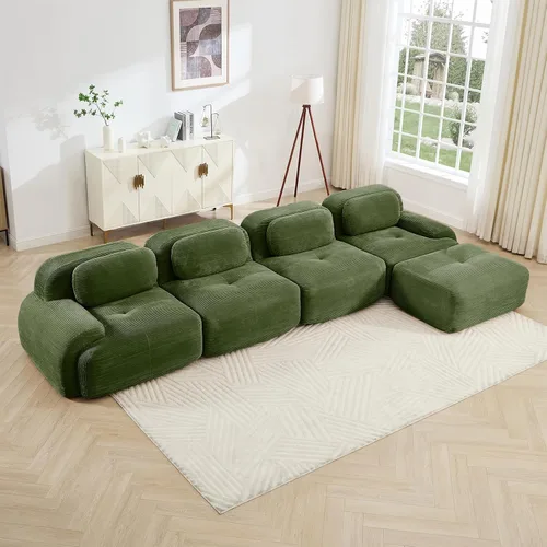Vista 67 de Sofá moderno comprimido sin armazón de 116", sofás seccionales de 3 plazas para sala de estar, sofá seccional modular de pana verde nube, espuma