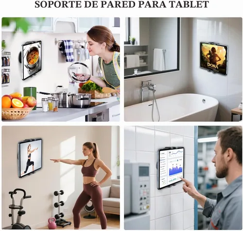 Vista 5 de OHLPRO Soporte de pared para tableta, soporte de pared para iPad con giro ajustable de 360°, soporte adhesivo 3M sin taladrar para cocina, oficina