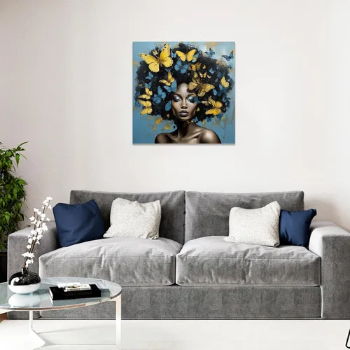Vista 3 de CCWACPP Lienzo africano americano para pared, diseño de mujeres negras y azules y doradas, pintura de mariposas y mujeres africanas para decoración