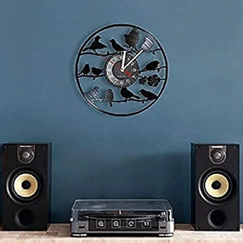 Vista 4 de Reloj de pared con silueta de pájaros, reloj de pared de animales, disco de vinilo tallado a mano, decoración del hogar, diseño moderno, reloj