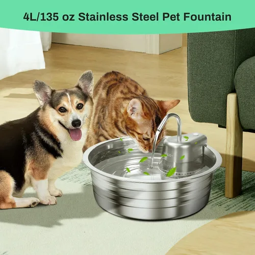 Vista 7 de Fuente de agua para gatos, fuente de acero inoxidable para mascotas de 4 L/135 onzas con 3 filtros, dispensador de agua para perros, fuente de agua
