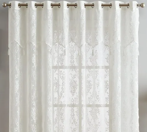 Vista 9 de LinenZone Cenefa de encaje transparente con 6 borlas y parte inferior festoneada para cocina, baño, comedor, sala de estar, dormitorio o sótano.