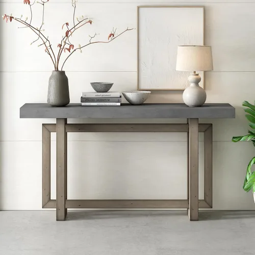 Vista 10 de Moderna mesa consola con 3 cajones de almacenamiento y mango de metal, elegante mesa de entrada de madera extra larga para pasillo, sala de estar