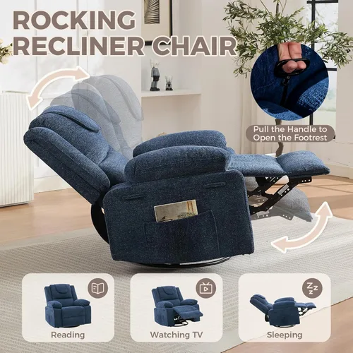 Vista 6 de Silla reclinable mecedora de gran tamaño para adultos, silla reclinable giratoria de 360°, sofá individual con masaje por vibración y calefacción