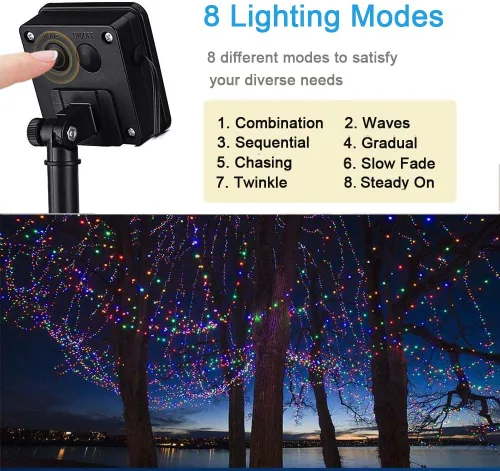 Vista 4 de iShabao Luces de Navidad multicolor para exteriores, 2 paquetes de 150 luces LED solares de Navidad de 49 pies, 8 modos de luces impermeables