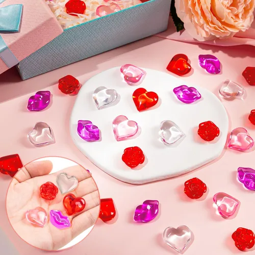 Vista 5 de 260 piezas de relleno de jarrón para el día de San Valentín, mini gemas de rosas acrílicas de corazón rosa rojo para centros de mesa, decoración