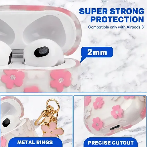 Vista 4 de Bonita funda compatible con AirPods 3 2021, diseño de patrón floral de dibujos animados para mujeres y niñas, funda protectora de silicona suave a
