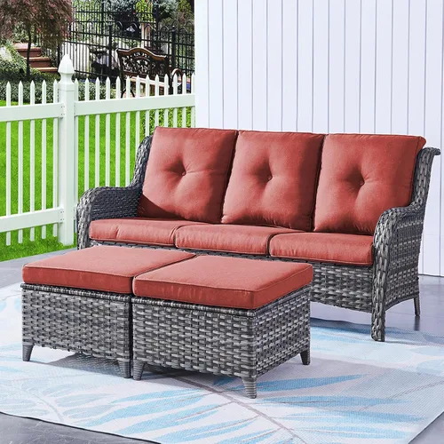 Vista 16 de Rilyson Sofá de mimbre para patio al aire libre, sofá de ratán de 3 asientos con asientos profundos y cómodos cojines para porche exterior, terraza