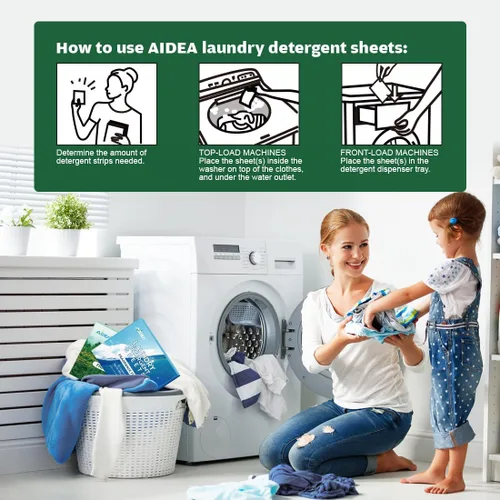 Vista 2 de AIDEA Hojas de detergente para ropa, aroma fresco (100 cargas), 50 hojas, detergente ecológico para ropa, sin jarra de plástico, hojas de jabón