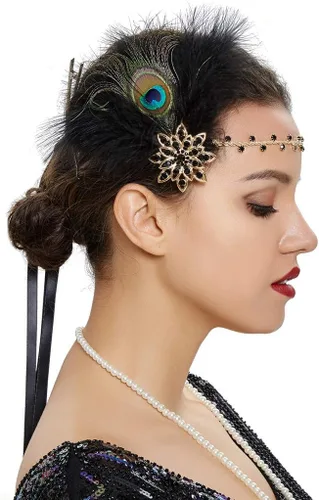 Vista 16 de Roaring 20s Great Gatsby - Diadema estilo flapper para mujer, estilo Art Deco de los años 20, con plumas A azul