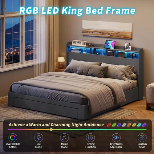 Vista 6 de Cama de almacenamiento elevable, cabecera de almacenamiento iluminada RGB con estación de carga, marco de cama King con 2 cajones, soporte