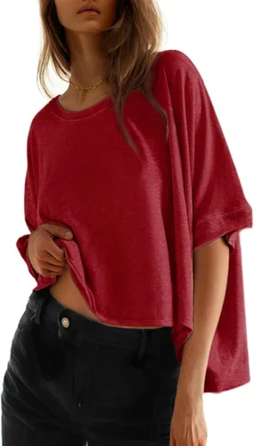 Vista 32 de Dokotoo -Camisetas de verano para mujer, color liso, holgadas, de gran tamaño, básicas