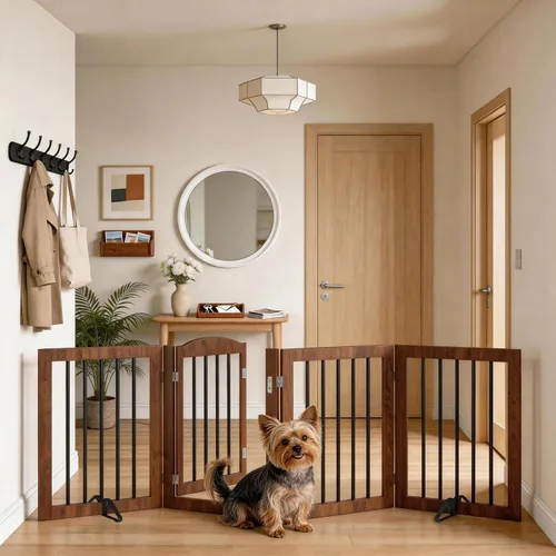 Vista 4 de Vantas Puerta plegable para mascotas de 80 pulgadas de ancho, 30 pulgadas de alto, puerta de madera para perros sin montaje con puerta pasante