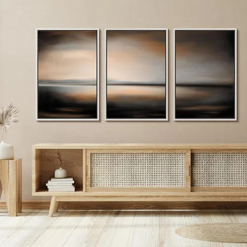 Vista 439 de SIGNFORD - Set de obras de arte en lienzo enmarcado para pared, ilustraciones abstractas de neblina del desierto en tonos neutros beige y marrón