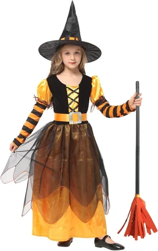 Vista 2 de Witch Costume Girls Halloween Witch Dress Costumes Kids Deluxe Witch Hat Broomstick Halloween Candy Bags Fancy Dress Up Party