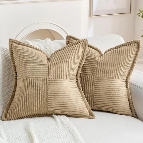 Vista 11 de HAUSSY Paquete de 2 fundas de almohada de 16 x 16 pulgadas, fundas decorativas de pana suave, estilo bohemio, a rayas, sólidas, decoración