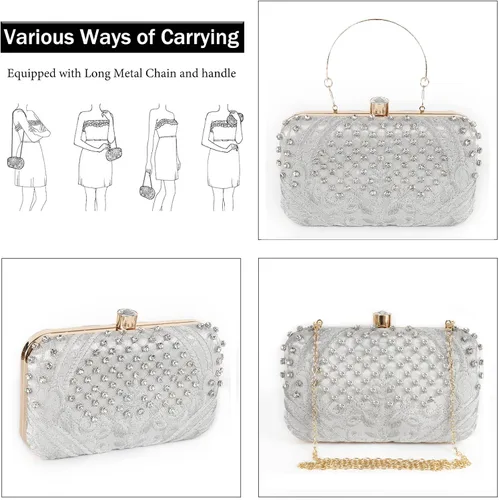 Vista 5 de DA BODAN - Bolso de noche para mujer, estilo vintage, con cuentas y lentejuelas y perlas, bolso de hombro para boda, novia, fiesta de graduación