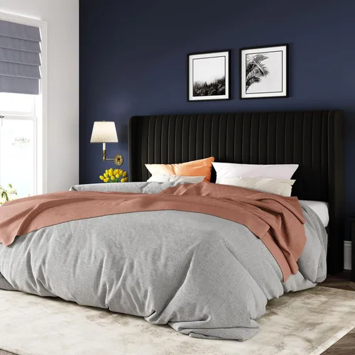 Vista 23 de Allewie - Base de cama tamaño Full con cabecera tapizada en terciopelo y diseño acanalado vertical; plataforma de cama tapizada; listones de madera