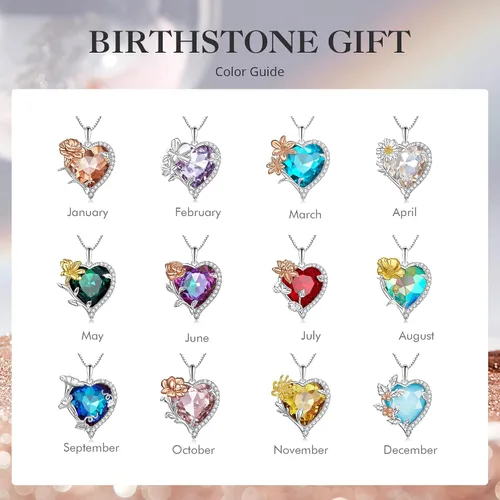 Vista 7 de VOROCO Collar de piedra natal de cristal en forma de corazón con flores de cumpleaños, collar de plata de ley 925 con colgante de amor para mujer